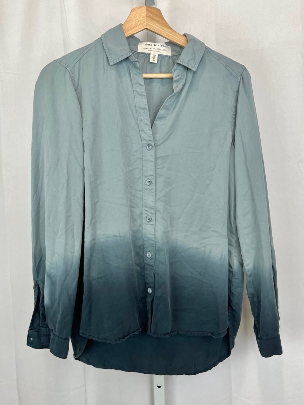 CLOTH & STONE Anthropologie Tayla Dip Dye Button Down Shirt Ombre Blue Green XS